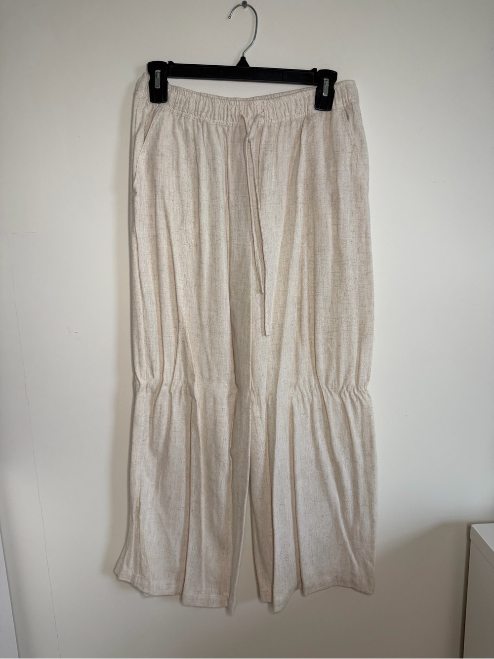 Women's Linen Cream Wide-Leg Drawstring Pants
